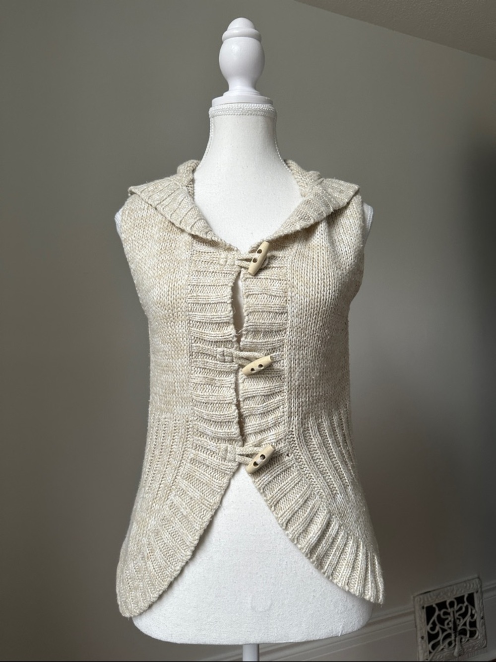 BHS Cream Knit Y2K Cottagecore Preppy Boho Sleeveless Hooded Cardigan‎ Size 12